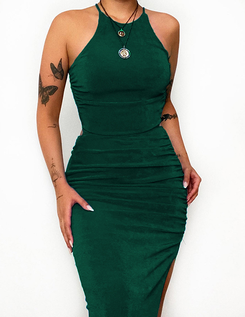 Fashion Green Solid Color Halter Neck Open Back Ruched Slit Dress