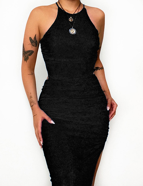 Fashion Black Solid Color Halter Neck Open Back Ruched Slit Dress