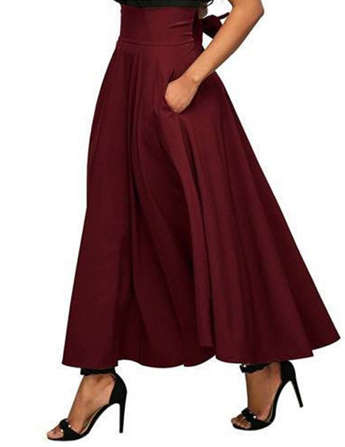 Fashion Claret Solid Color Tie Waist Skirt