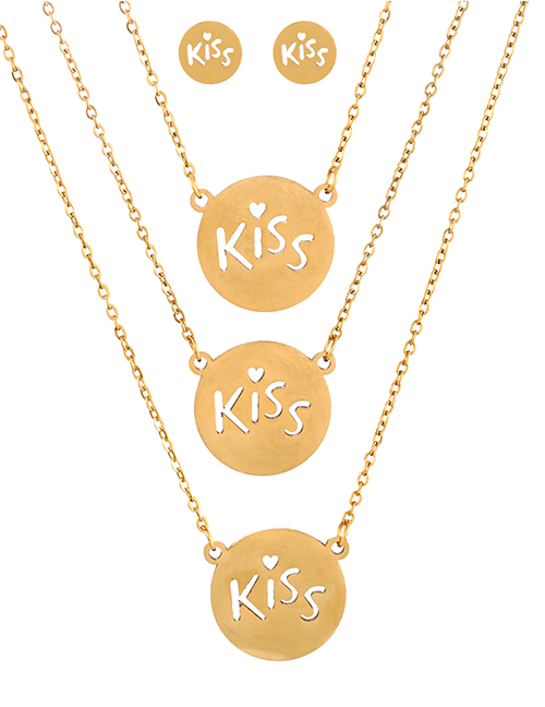 Fashion Gold Titanium Steel Round Letter Kiss Multilayer Necklace And Stud Earrings Set