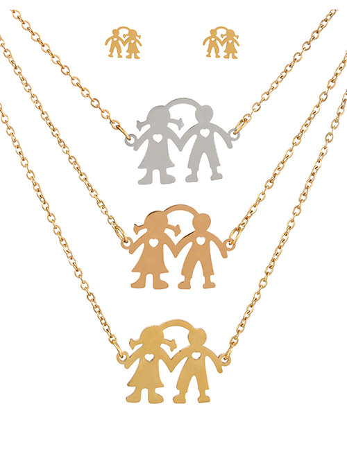 Fashion Color Titanium Steel Couple And Child Pendant Multilayer Necklace Earrings Set