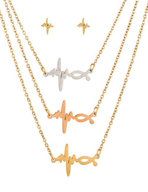 Fashion Color Titanium Steel Ecg Pendant Multilayer Necklace Earrings Set