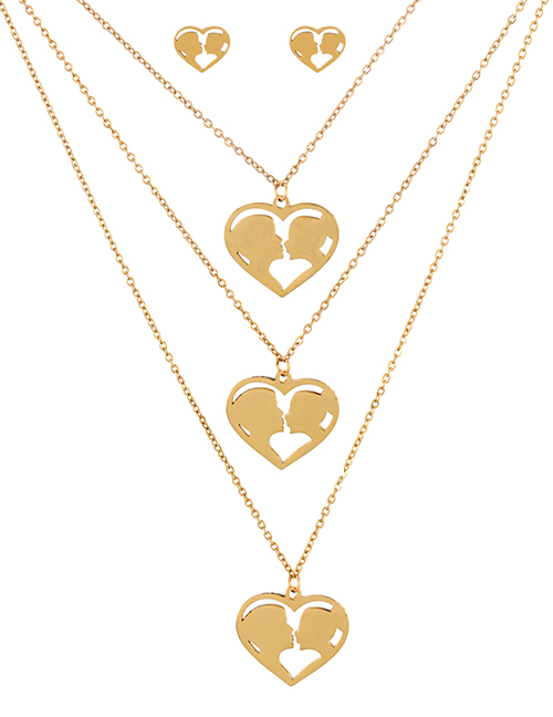 Fashion Gold Titanium Steel Heart Love Couple Pendant Multilayer Necklace Earrings Set