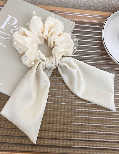 Fashion A Beige Fabric Hair Tie Beaded Pearl Lace Pleated Scrunchie