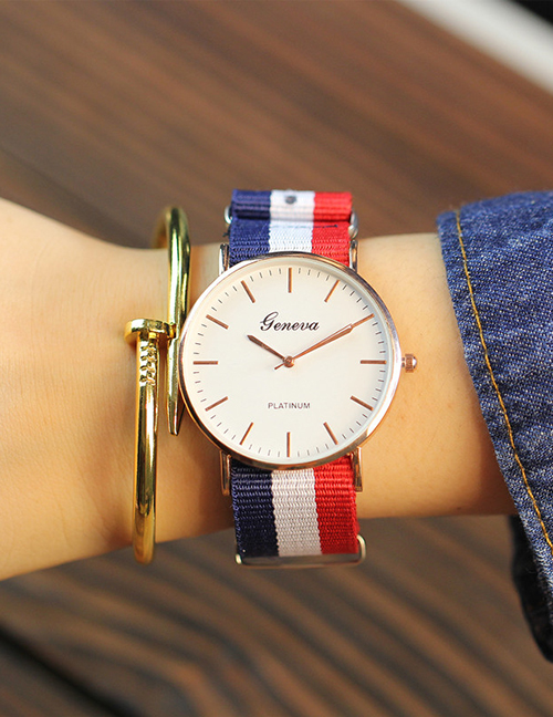 Fashion Blue White Red Alloy Round Dial Watch