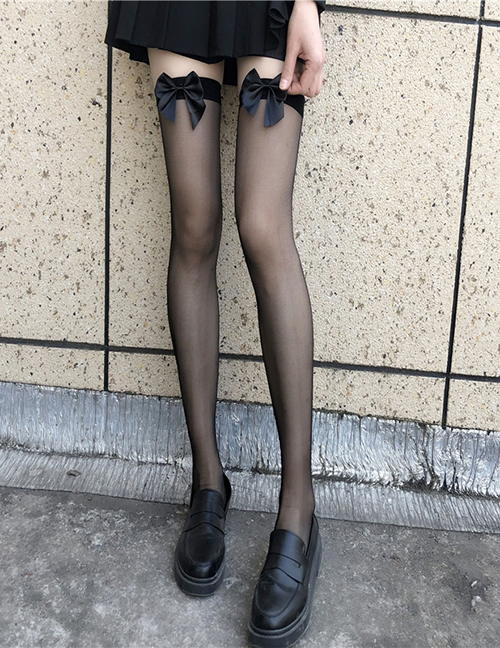 Fashion Black Cored Silk Bow Over The Knee Stockings