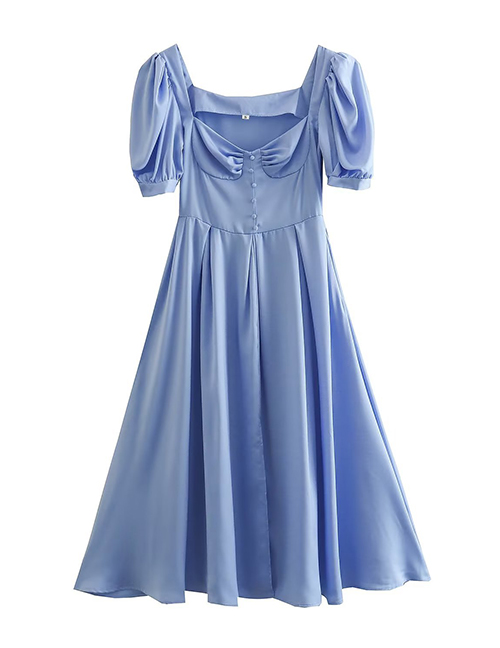 Fashion Blue Polyester Square Neck Puff Sleeve Dress