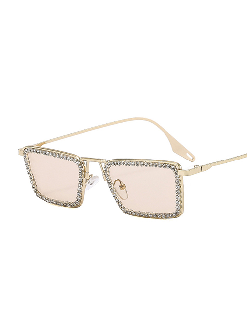 Fashion C6-gold Frame Light Tea Metal Diamond Square Sunglasses