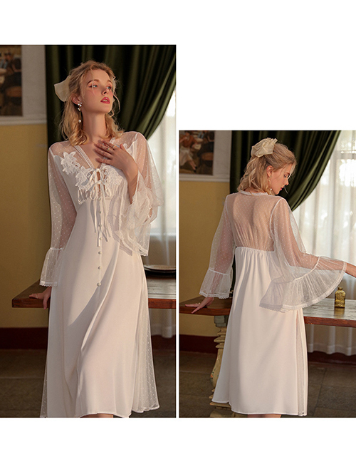 Fashion White Satin See-through Mesh Stitching Nightdress