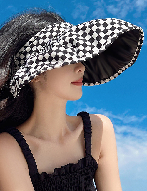 Fashion Black Polyester Plaid Large Brim Empty Sun Hat