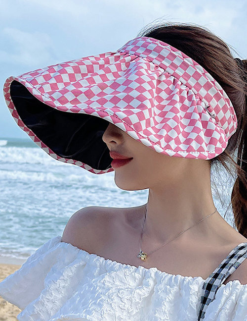 Fashion Pink Polyester Plaid Large Brim Empty Sun Hat