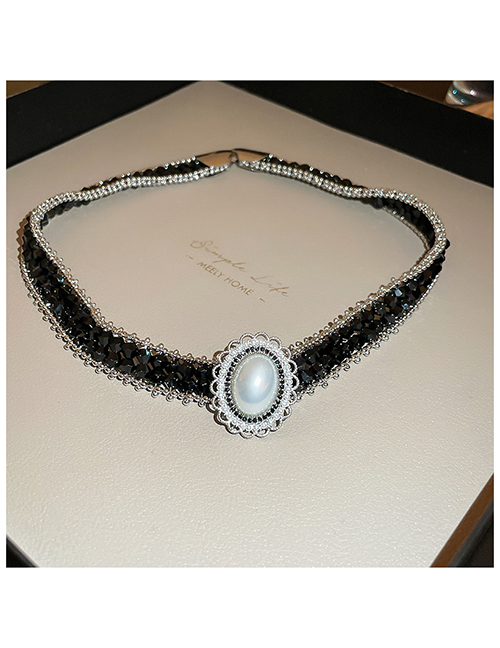 Fashion Necklace - Black Alloy Diamond Oval Pearl Necklace