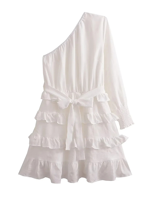 Fashion White Solid Color One Shoulder Tiered Dress