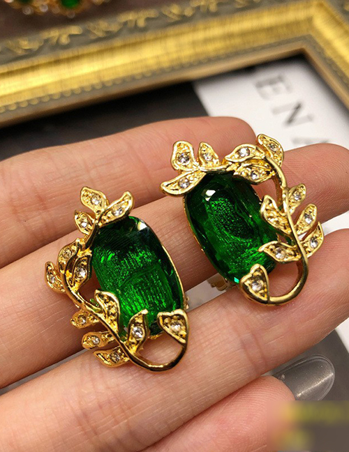Fashion Ear Clip Alloy Geometric Emerald Glass Stud Earrings