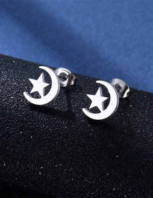 Fashion 14# Stainless Steel Glossy Star And Moon Stud Earrings