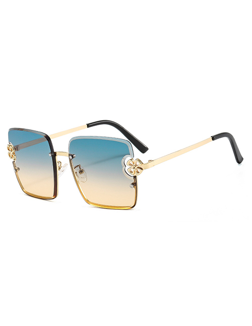 Fashion C7 Gold Frame Gradually Green Yellow Film Metal Flower Half-frame Square Sunglasses