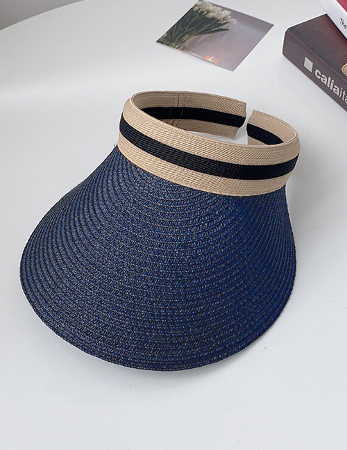 Fashion Navy Blue Straw Large Brim Empty Top Sun Hat