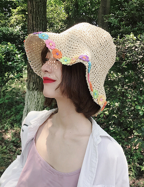 Fashion Beige Colorful flower woven sun hat