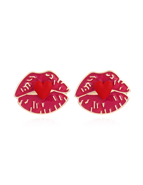Fashion Rose Red Alloy Drip Paint Lip Stud Earrings
