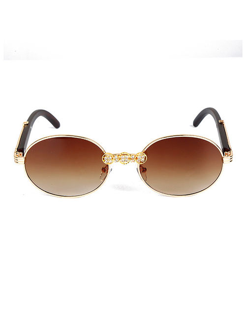 Fashion Gold Frame Gradient Tea Pc Diamond Round Sunglasses