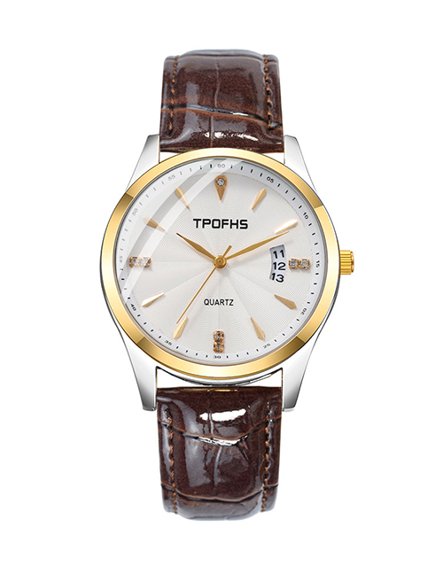 Fashion Golden White Surface Brown Belt Stainless Steel Round Dial Watch
