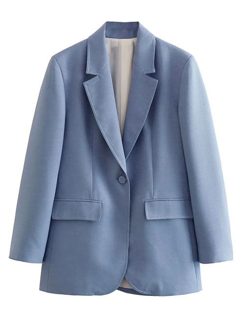 Fashion Light Blue Polyester Single Buckle Pocket Decorative Suit Jacket