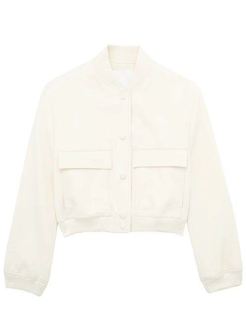 Fashion White Blended Stand Collar Cropped Jacket With Oversized Pockets