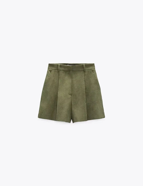 Fashion Green Linen Single Button Micro Pleated Shorts