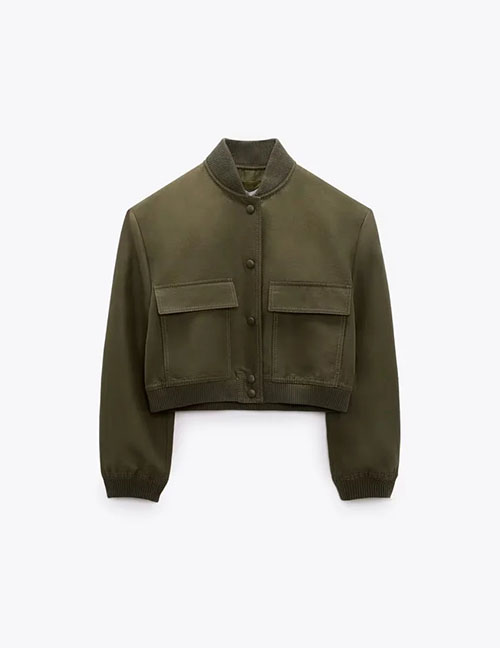 Fashion Green Cropped Blend Button-up Stand-collar Oversized Pocket Jacket