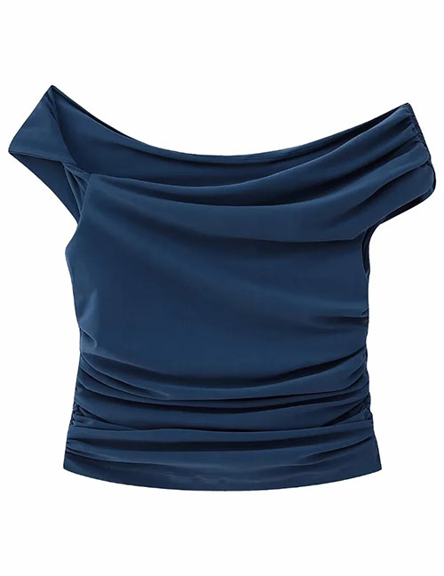Fashion Blue Pleated Off-shoulder Top