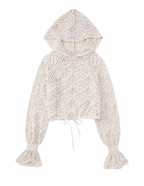Fashion White Polyester Knit Hooded Top