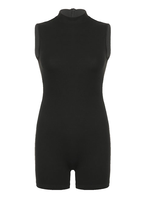 Fashion Black Plain Turtleneck Jumpsuit