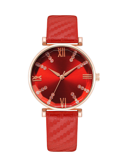 Fashion Red Alloy Diamond Round Dial Watch