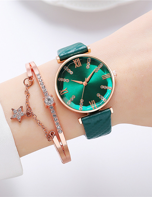 Fashion Green + Bracelet Alloy Diamond Round Dial Watch