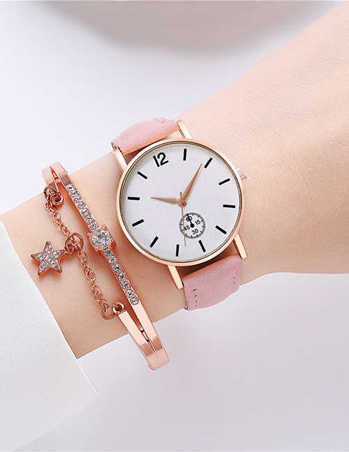 Fashion Pink + Bracelet Alloy Round Dial Brushed Strap Watch