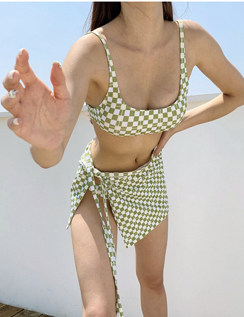 Fashion Green Nylon Rhombus Two-piece Swimsuit Three-piece Set