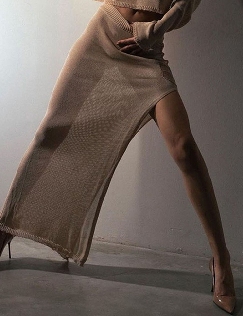 Fashion Khaki Single Skirt Polyester Fringed Cutout Slit Skirt