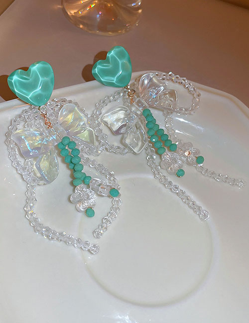 Fashion Green Geometric Crystal Beaded Tassel Heart Bow Earrings