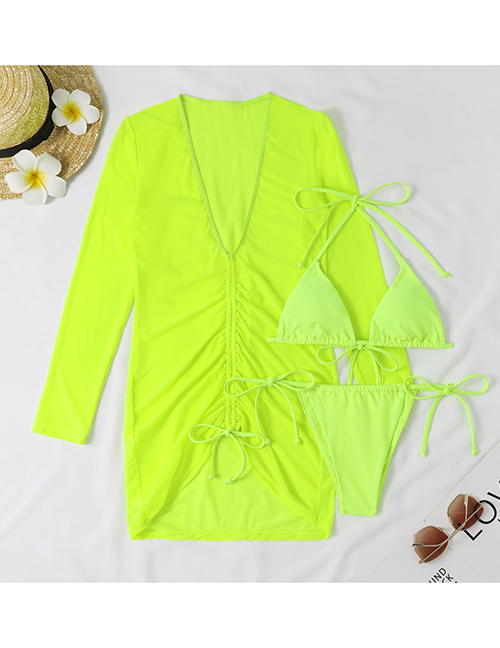 Fashion Bright Yellow Polyester Halter Neck Lace Mesh Two-piece Swimsuit Three-piece Set