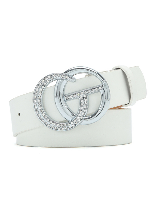 Fashion White Pu Diamond Letter Buckle Wide Belt