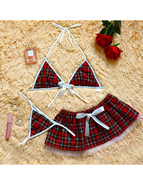 Fashion Red Polyester Halterneck Check Tie-up Underwear Set