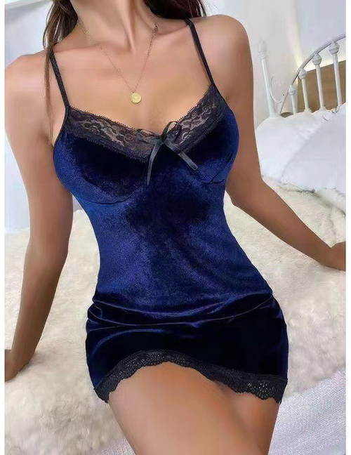 Fashion Navy Blue Lace And Gold Velvet Suspender Nightdress