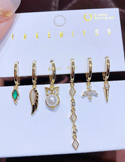 Fashion Gold Gold Plated Copper And Diamond Winged Owl Earrings Set