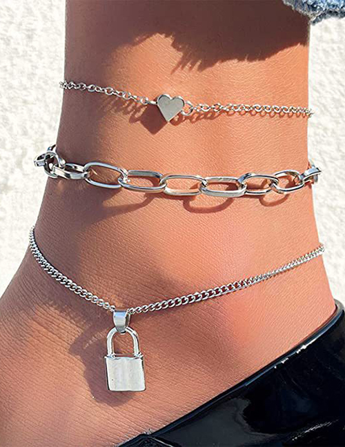 Fashion Silver Alloy Love Lock -shaped Multi -layer Chain Foot Chain