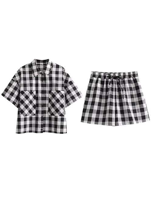 Fashion Black And White Grid Polyester Check Lapel Button-up Short Sleeve Shirt Shorts Set