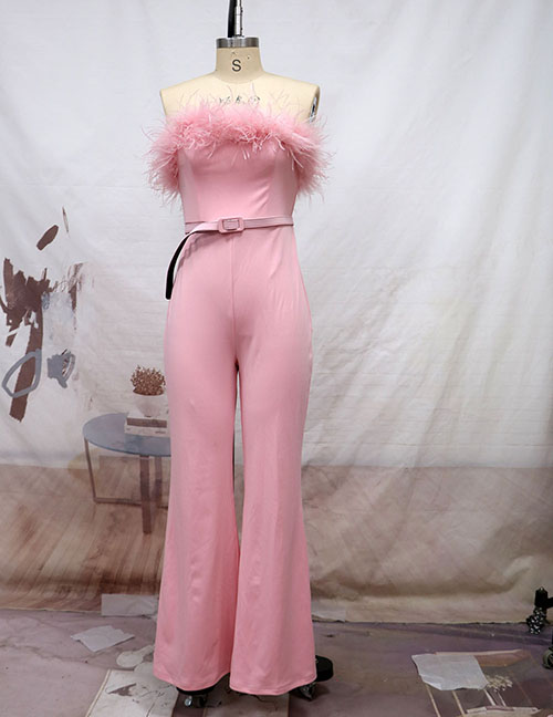 Fashion Pink Spandex Hair Collar Trousers
