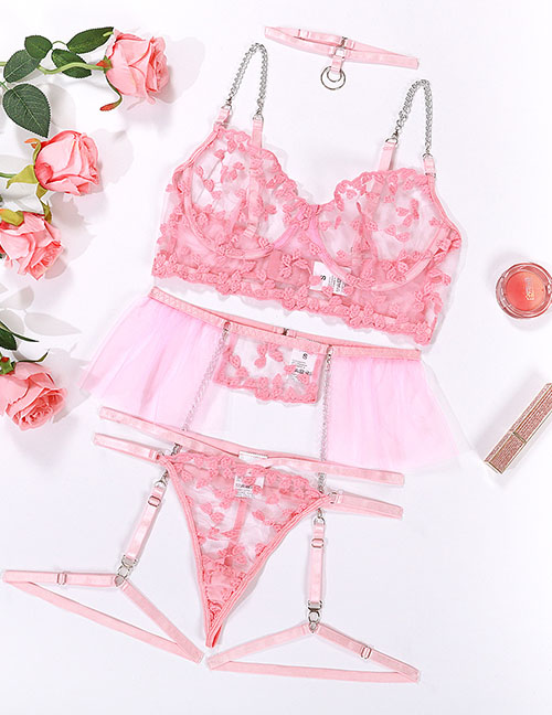 Fashion Pink Net Yarn Perspective Embroidered Underwear Suit