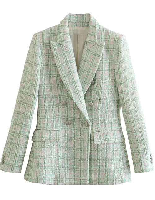 Fashion Green Textured Double-breasted Blazer