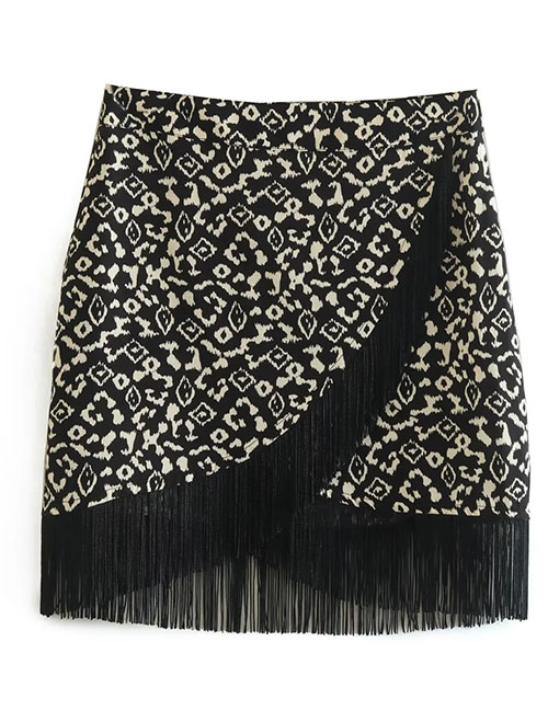 Fashion Black Polyester Printed Fringe Skirt