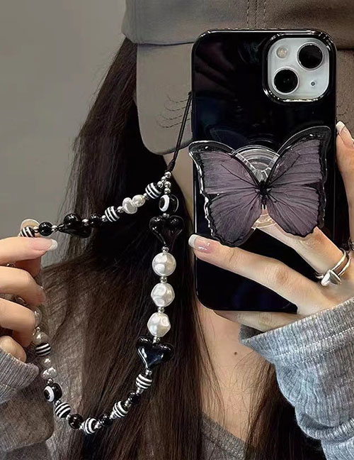 Fashion Bright Black Shell + Black Butterfly Bracket + Peach Heart Bead Chain Apple 13promax Tpu Black Butterfly Bracket Stripe Beads Love Beaded Mobile Phone Case